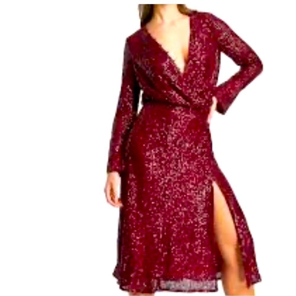 NWT ASOS Burgundy Red Sequin 3/4 Sleeve Wrap Midi Maxi Formal Cocktail Dress 22